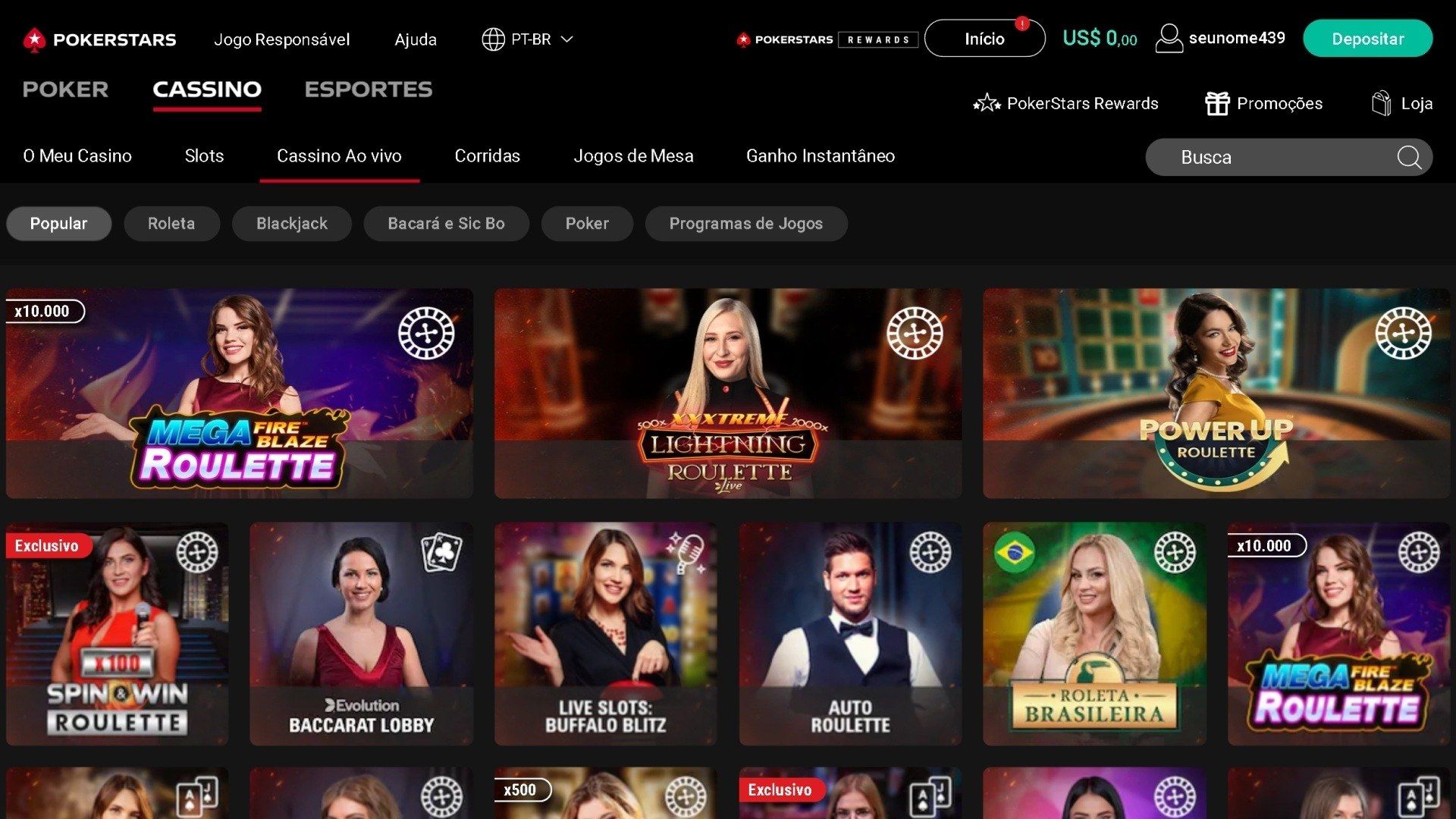 Screenshot Página de Jogos Cassino Ao Vivo Pokerstars