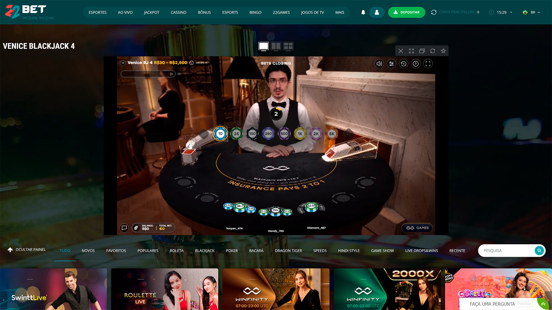 imagem captura casino ao vivo 22bet